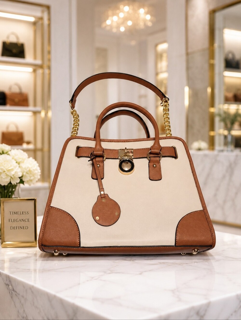Dasein Beige Brown Satchel Top Handle Tote Gold Chain Shoulder Bag NWT